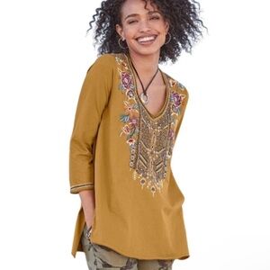 Johnny Was Mustard Floral Embroidered Tunic